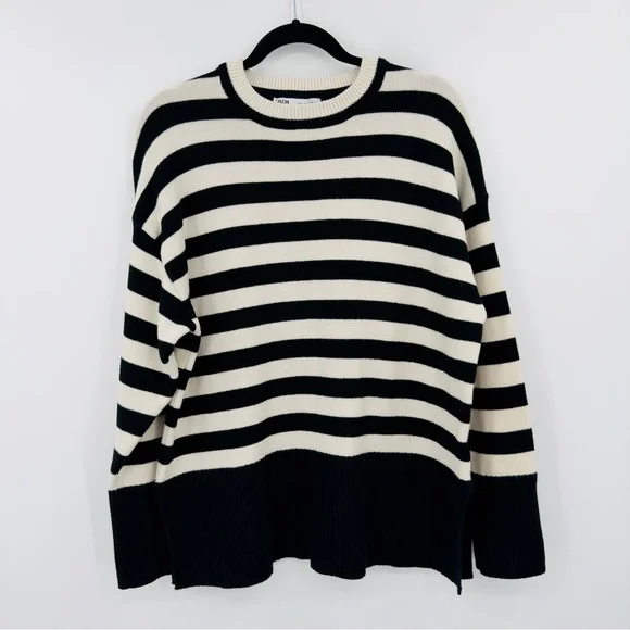 Zara | Black & Cream Striped Knit Crewneck Sweater Size Large - Picture 2 of 8
